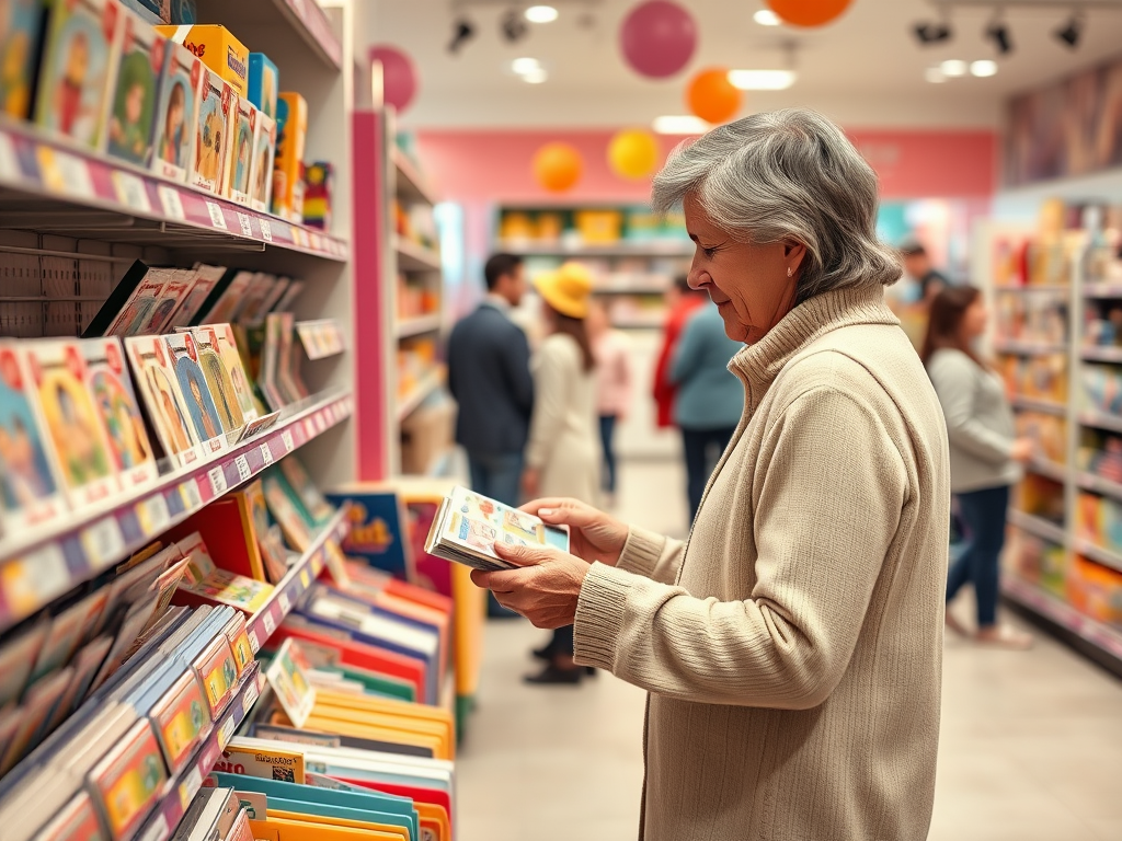 Пожилая женщина рассматривает книги в магазине, окружённая покупателями и яркими декорациями.