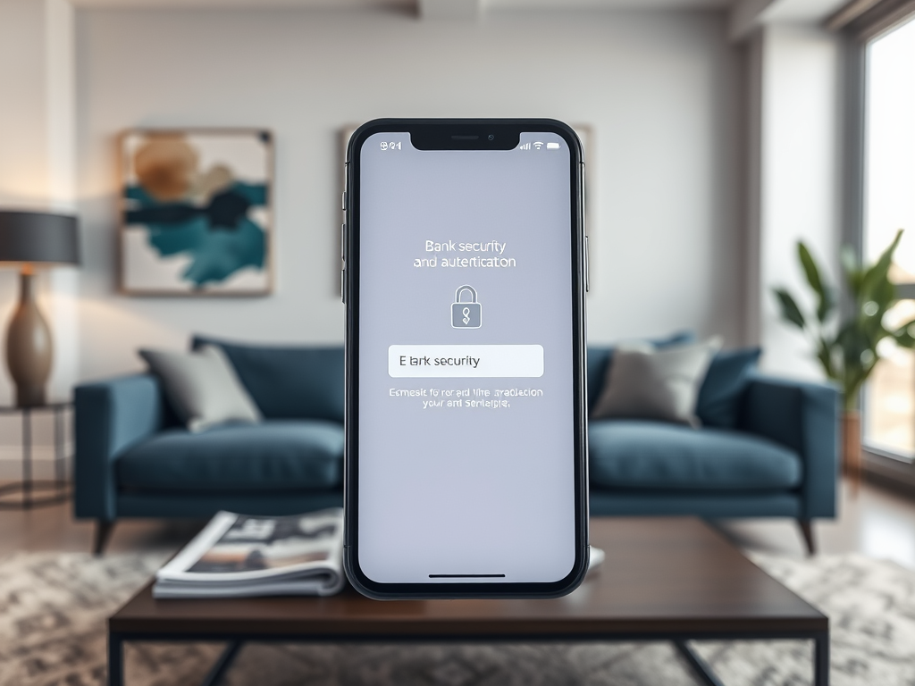 На экране телефона отображается текст о безопасности и аутентификации банка. Интерьер квартиры.